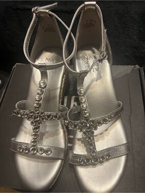 Naturalizer Metallic Silver Jeweled T-Strap Sandals